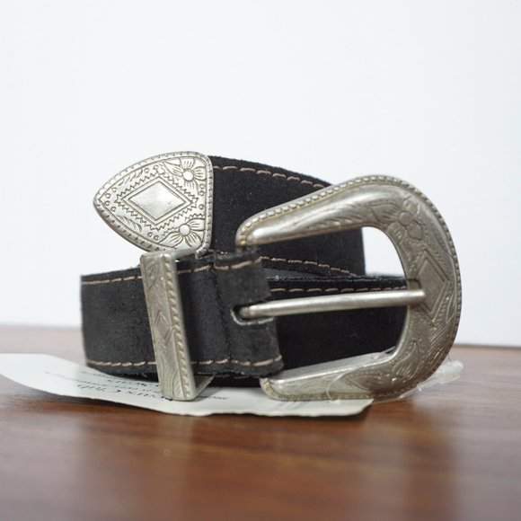 Vintage 90s Leather Belt with Silver Etched Buckle